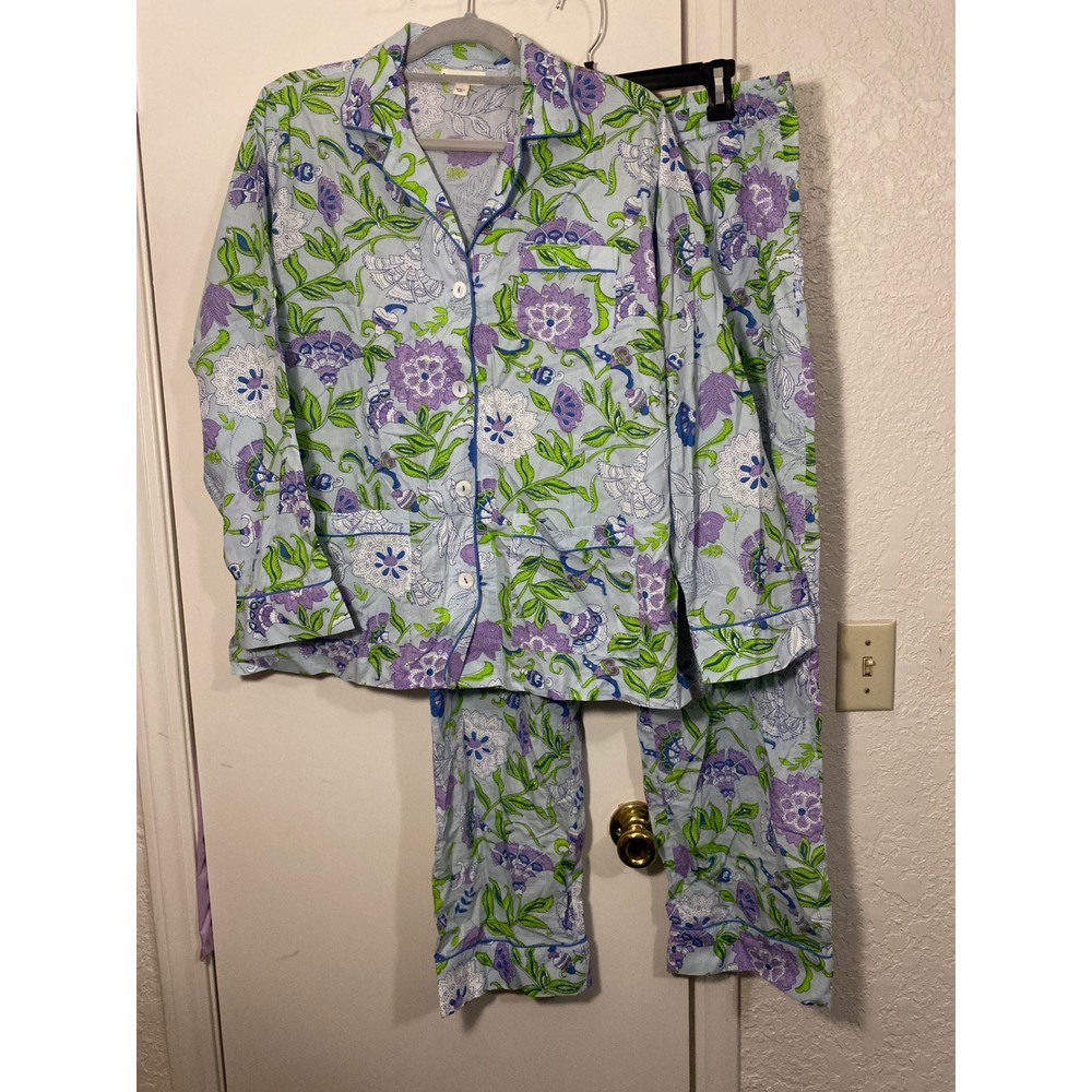 Roller Rabbit Womens Floral‎ Cotton Pajama Set Blue Purple Green Large L